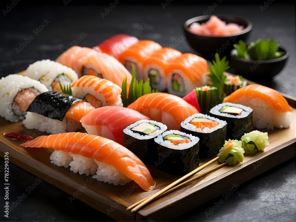 Close up roll sushi with vegetables on white rice plate Close up roll sushi with vegetables on white rice plate