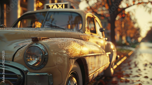 A vintage taxi on a street at sunset.