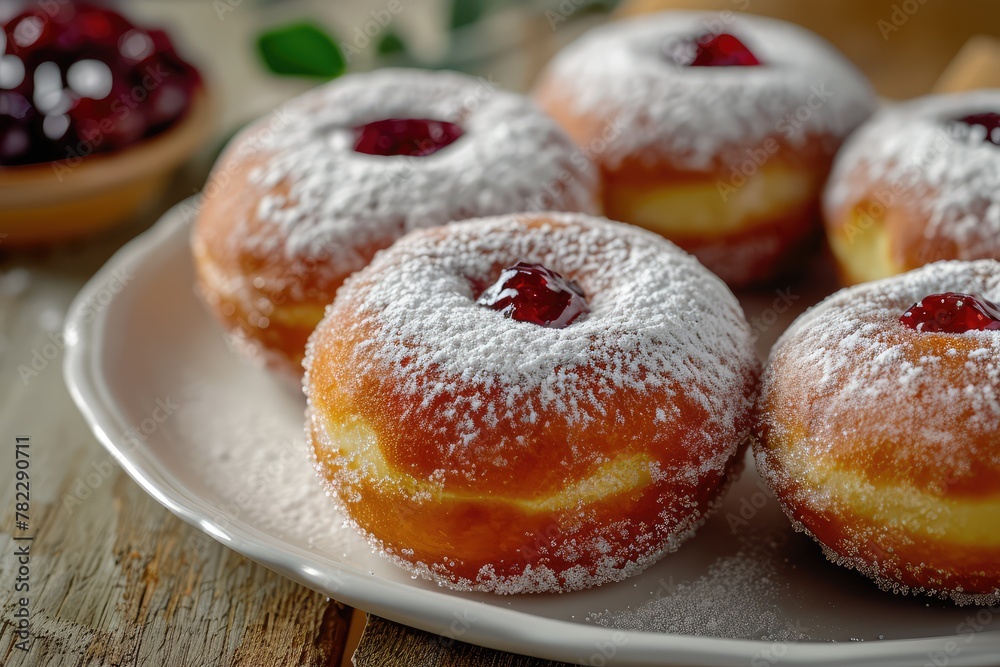 Donut berliner on white plate, Sufgania with powdered shugar and jam Donut berliner on white plate, Sufgania with powdered shugar and jam