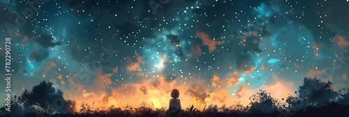 Whimsical 2D Illustration from Person Under Starry Sky