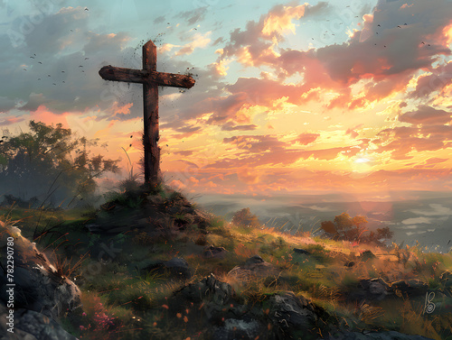 A wooden cross on a hilltop, with a beautiful sunset in the background and birds flying in the sky.
