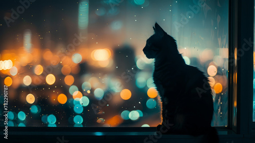 A cat silhouetted against a window at night