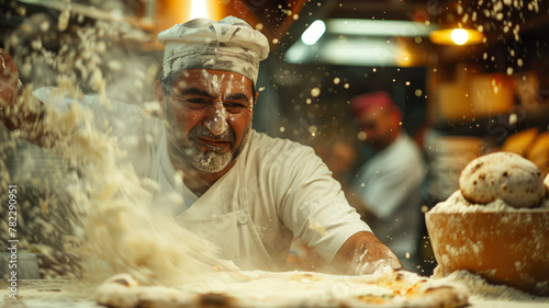 Male chef kneading dough in bakery
