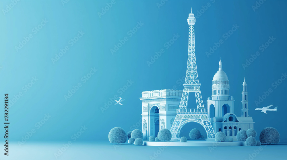 Obraz premium 3D vector of famous landmark, Eiffel tower, Arc de Triomphe, Cathedral of Notre Dame, in Paris city in France Europe