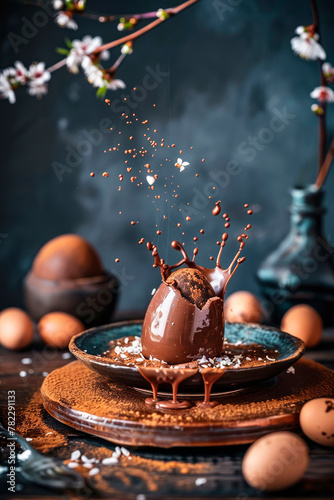 chocolate easter egg splash. Selective focus.
