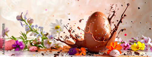 chocolate easter egg splash. Selective focus.