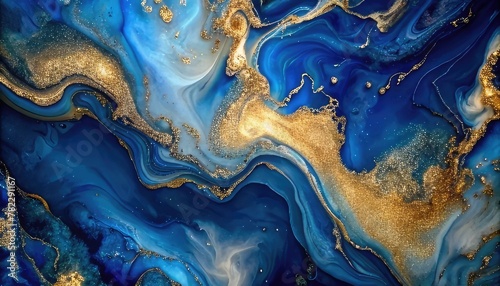 Abstract blue marble texture with gold splashes, blue luxury background photo