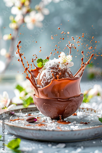 chocolate easter egg splash. Selective focus.