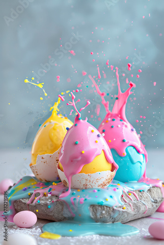 Beautiful Easter dessert and colorful eggs splash. Selective focus.