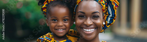 Close-up of a mother and child wearing vibrant African Ankara fabrics, their smiling faces showcasing pride and familial bonds. photo
