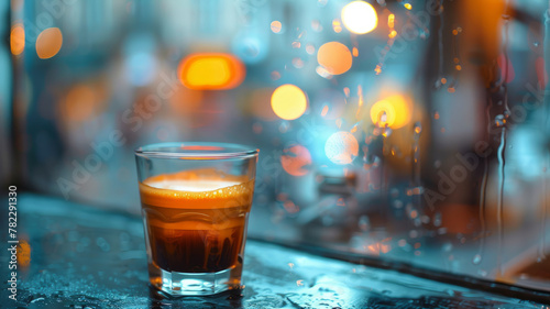 A glass of espresso on a bar counter with bokeh lights
