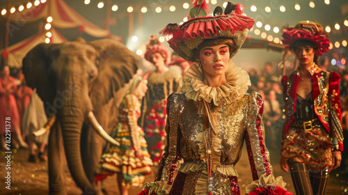 Enchanting Circus Performers with Majestic Elephant in Spotlight