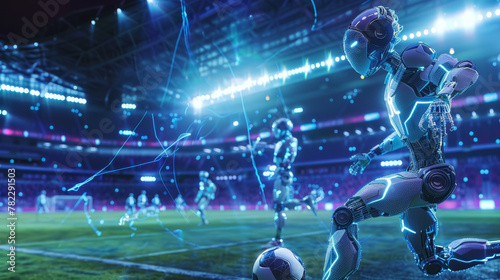 Robotic Soccer Player on the Field in a Futuristic Stadium © spyrakot