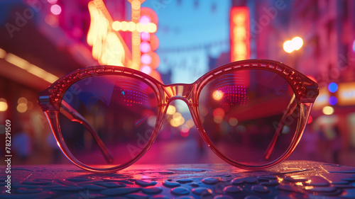 Red sunglasses on city street at night. © SashaMagic
