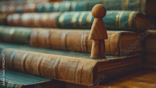 Wooden figurine on stack of old books.