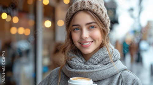 Happy young woman with a smile in a gray vintage coat with a knitted cap with coffee walking outdoors in the city. photo