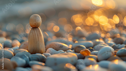 Wooden figure on pebbles at sunset