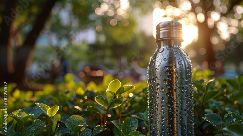 Stainless steel bottle among leaves at sunrise.