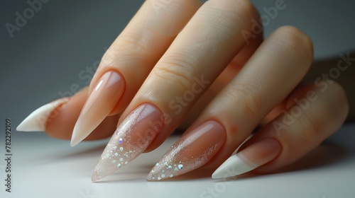 Closeup of womans nails with long pointed manicured nails