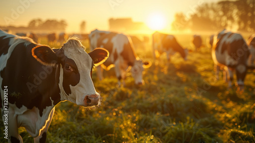 Cows grazing in field at sunrise.