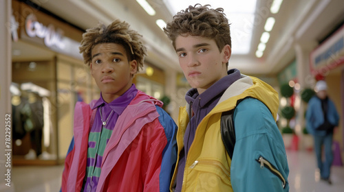 Teen Boys Standing in a Shopping Mall Wearing 1980s Fashion