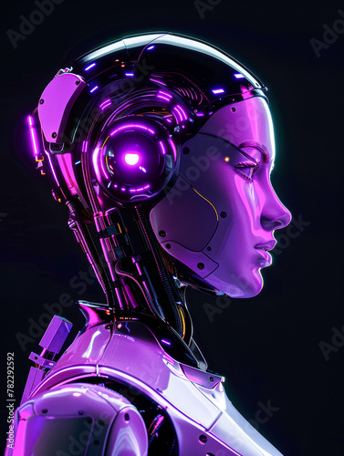 Futuristic Neon Glowing Female Cyborg Profile Portrait