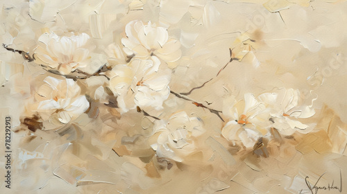 oil painting of white flowers on beige background