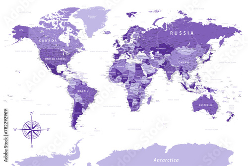 World Map - Highly Detailed Vector Map of the World. Ideally for the Print Posters. Purple Lilac Spot Beige Retro Style.