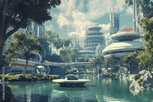 Retrofuturistic landscape in mid-century sci-fi style. Retro science fiction scene with futuristic city buildings. photo