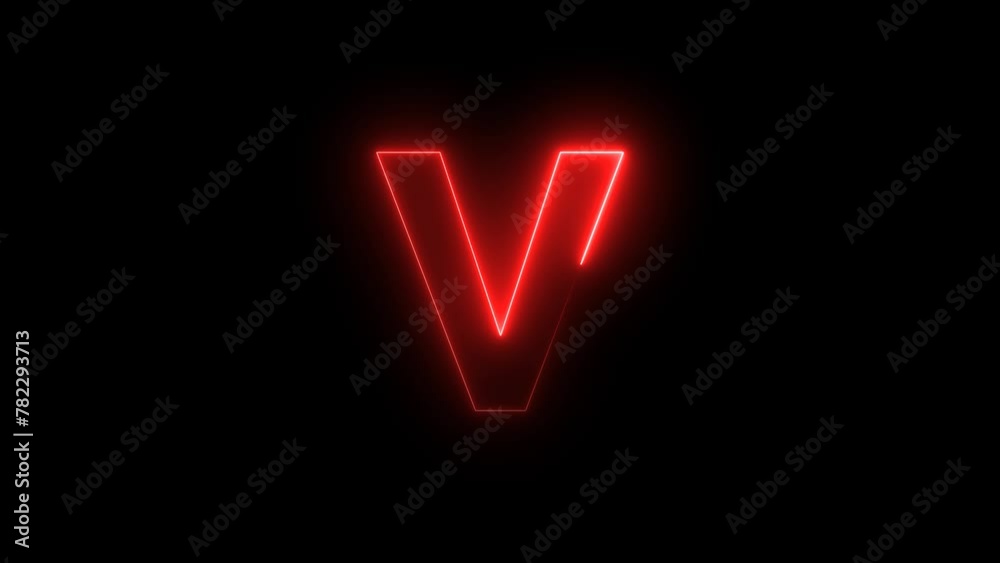 glowing neon effect with letter V alphabet on black background. video footage. 4k	