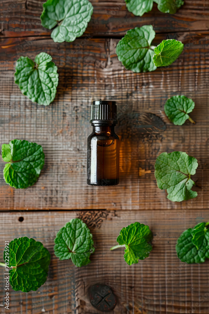 lemon balm essential oil in a bottle. Selective focus. lemon balm essential oil in a bottle. Selective focus.