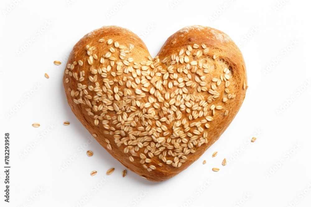 Heart on Wheat Bread Isolated, Heart Shaped Bun, Small Round Bread on White Background Heart on Wheat Bread Isolated, Heart Shaped Bun, Small Round Bread on White Background