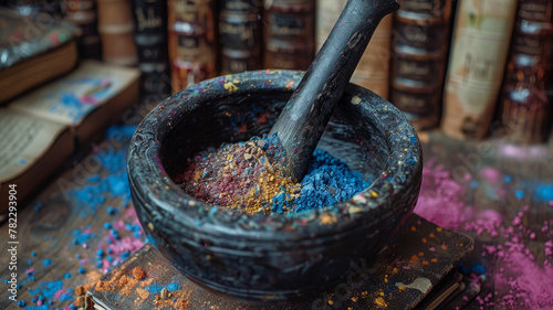 Mortar and pestle with colorful pigments