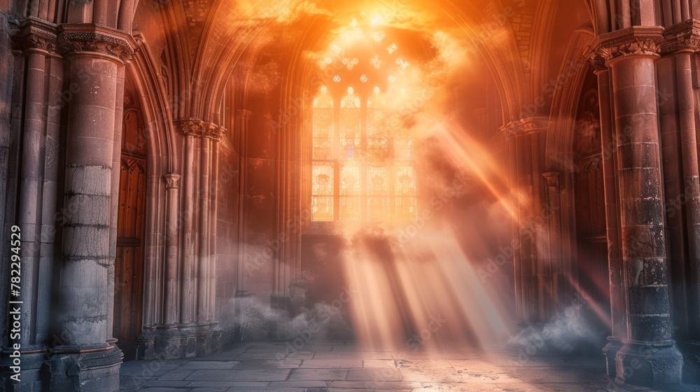 Beautiful doors to heaven with magic light and smoke