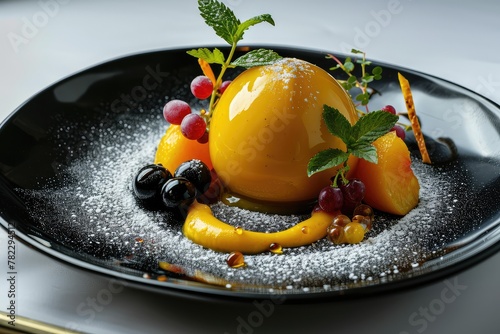 Mango Sphere Dessert, Exquisite Serving Golden Ducky Cake with Apricots, Grapes and Berries photo