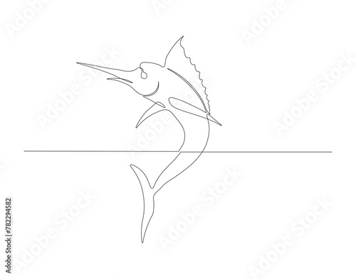 Continuous line drawing of marlin fish. One line of marlin fish. Marine animal concept continuous line art. Editable outline.
