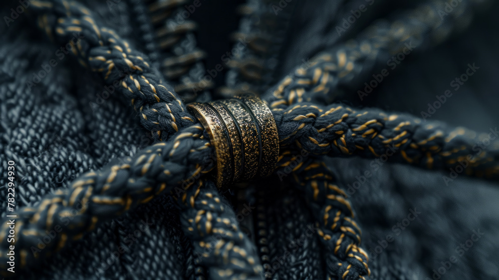 A close-up of a ring entwined in fabric ropes
