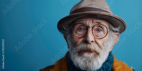 Elderly Man with Knowing Smirk Exuding Wisdom and Secrets of Sagacity Against a Blue Backdrop photo