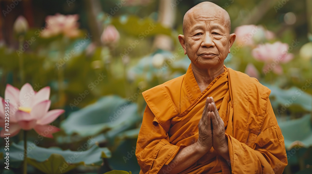 An elderly monk dressed in orange robes meditates among bright lotus flowers, symbolizing purity and enlightenment. Religion, traditional eastern meditation, prayer, spiritual practice