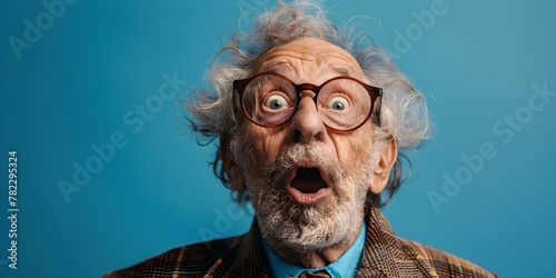 Elderly Male with Awestruck Expression Gazing with Amazement on Blue Background photo