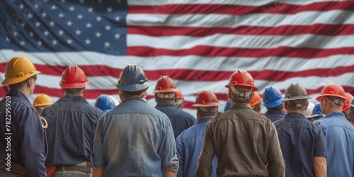 usa labor workers positioning at right of image,shot from behind,usa flag