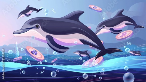 Dolphins leaped through waves of digital information each jump collecting Bitcoins like pearls of the sea photo