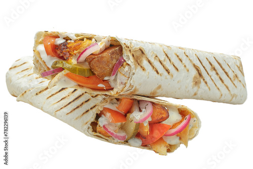 classic shawarma with fried meat and vegetables, on a red professional cutting board, with an isolated white background