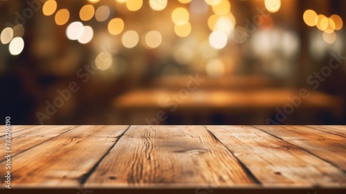 The empty wooden table top with blur background of cafe. Exuberant image. generative ai