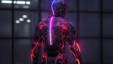 A neon and circuit-infused exoskeleton suit