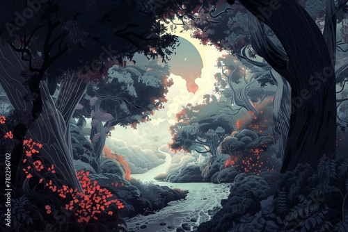 a surreal landscape with dreamlike qualities, inspired by the serene and mystical aspects of nature.
