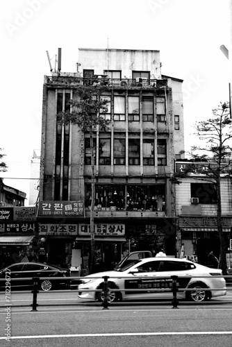 black and white city street