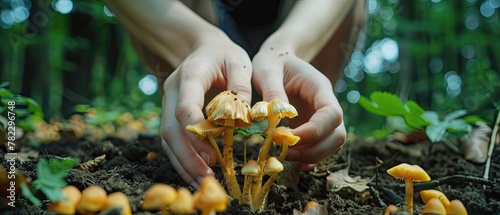 A pair of hands planting mushroom spores in a home garden symbolizing sustainability and self-sufficiency