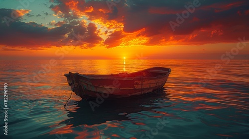 A boat is floating in the ocean at sunset, AI