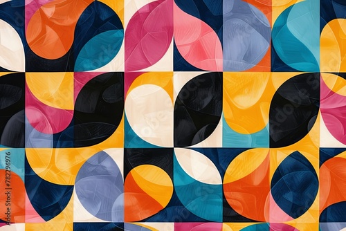 a vibrant pattern influenced by geometric shapes, bursting with lively colors.